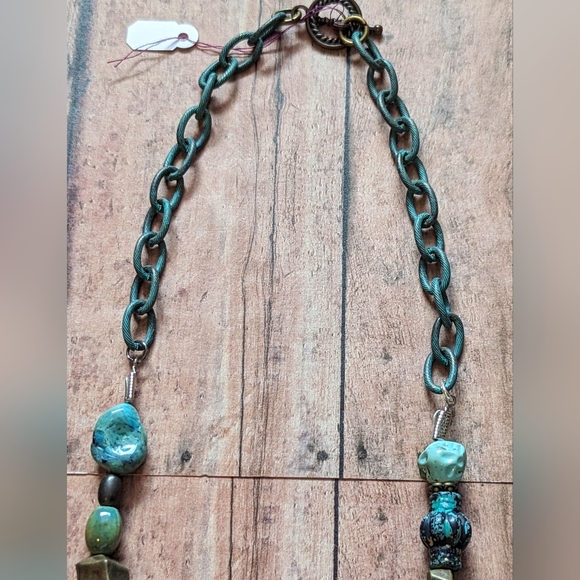 Multi Green Hues Multiple Charms & Beaded Necklace W Turquoise Chain - Picture 3 of 9